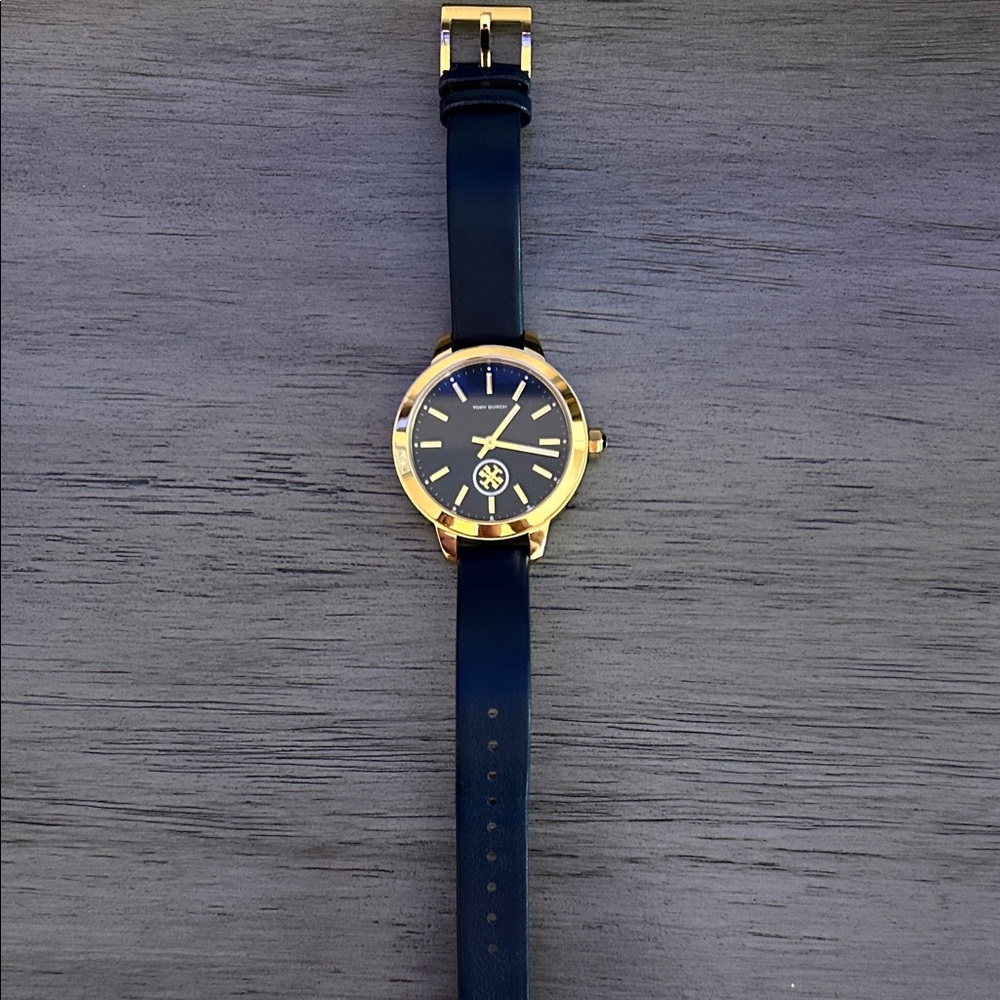 Tory Burch Gold and Navy Blue Watch with Leather Strap. NWOT.